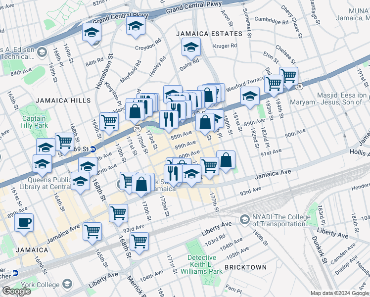map of restaurants, bars, coffee shops, grocery stores, and more near 89-21 175th Street in Queens