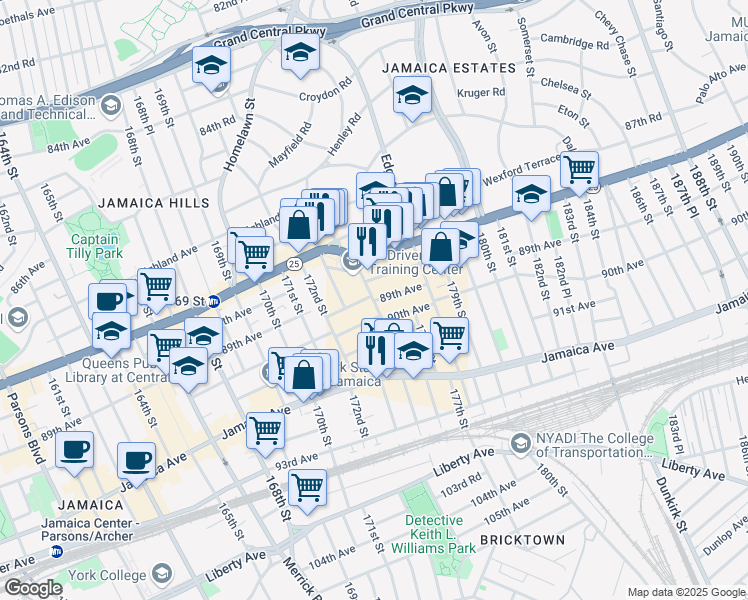 map of restaurants, bars, coffee shops, grocery stores, and more near 89-21 175th Street in Queens