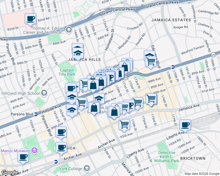 map of restaurants, bars, coffee shops, grocery stores, and more near 169-4 88th Avenue in Queens