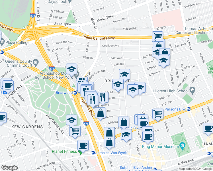 map of restaurants, bars, coffee shops, grocery stores, and more near 141-41 85th Road in Queens