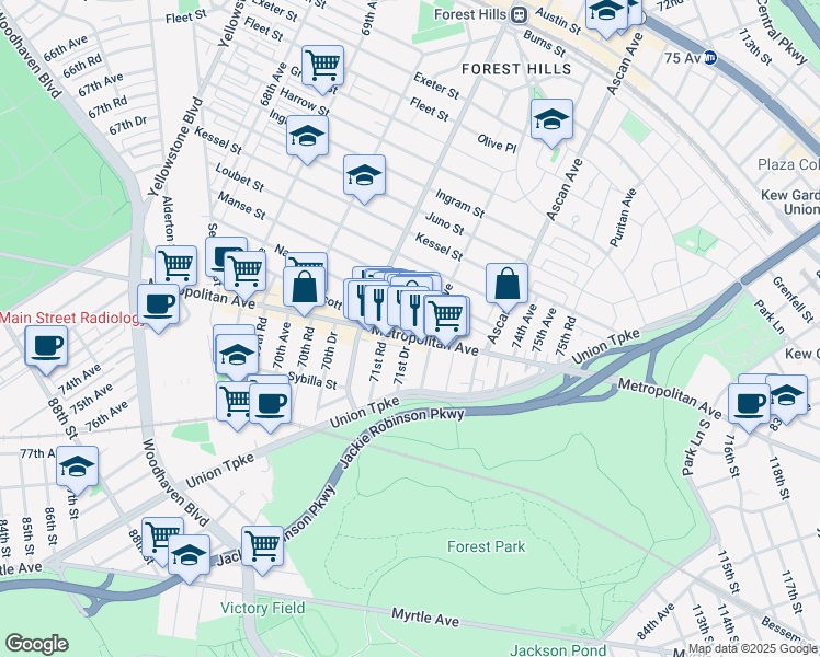map of restaurants, bars, coffee shops, grocery stores, and more near 103-14 Metropolitan Avenue in Queens