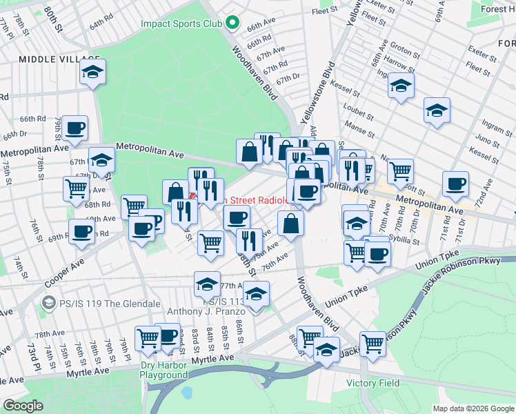 map of restaurants, bars, coffee shops, grocery stores, and more near 89-05 Rutledge Avenue in Queens