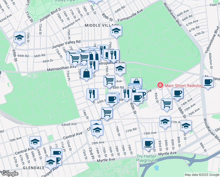 map of restaurants, bars, coffee shops, grocery stores, and more near 78-38 68th Road in Queens