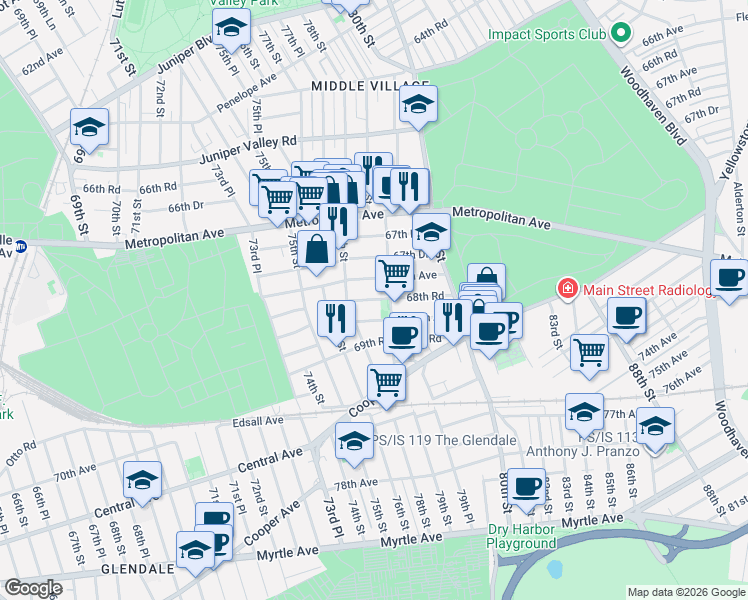 map of restaurants, bars, coffee shops, grocery stores, and more near 78-38 68th Road in Queens