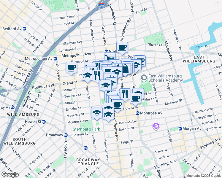 map of restaurants, bars, coffee shops, grocery stores, and more near Avenue of Puerto Rico in Brooklyn