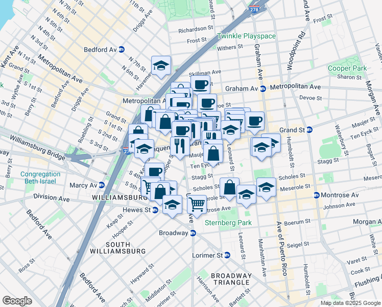 map of restaurants, bars, coffee shops, grocery stores, and more near 20 Maujer Street in Brooklyn