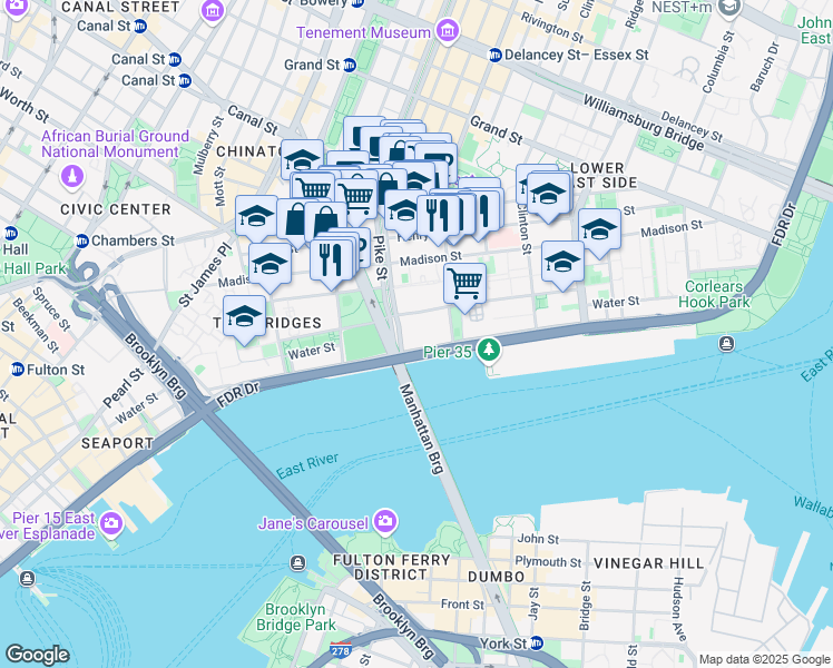 map of restaurants, bars, coffee shops, grocery stores, and more near 253 South Street in New York