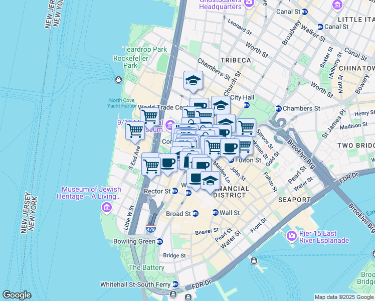 map of restaurants, bars, coffee shops, grocery stores, and more near 151 Broadway in New York