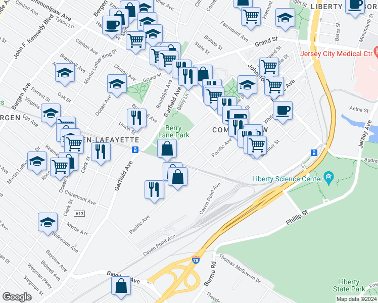 map of restaurants, bars, coffee shops, grocery stores, and more near 100 Van Horne Street in Jersey City