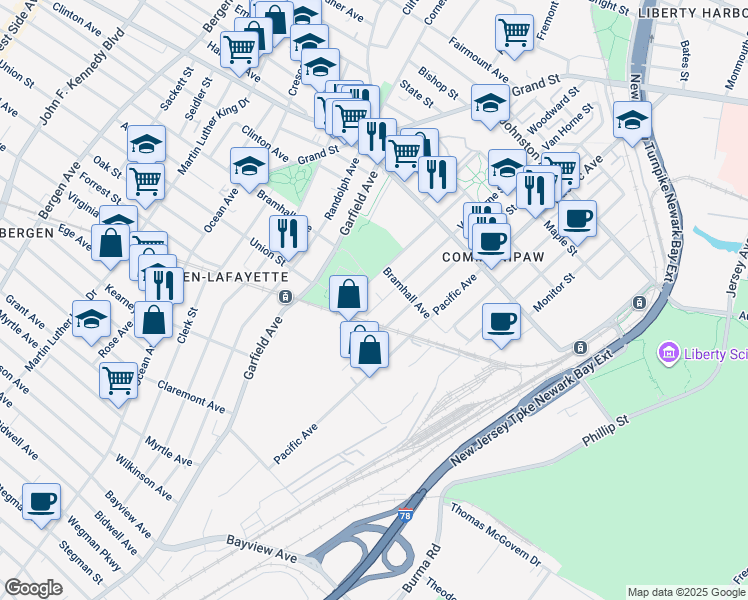 map of restaurants, bars, coffee shops, grocery stores, and more near 100 Van Horne Street in Jersey City
