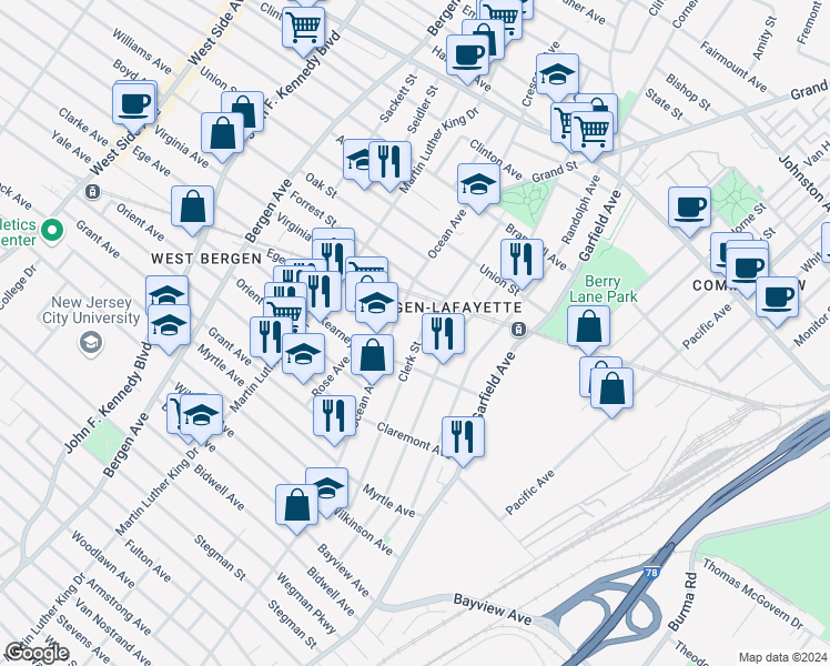 map of restaurants, bars, coffee shops, grocery stores, and more near 190 Clerk Street in Jersey City