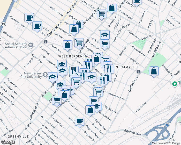 map of restaurants, bars, coffee shops, grocery stores, and more near 53 Orient Avenue in Jersey City