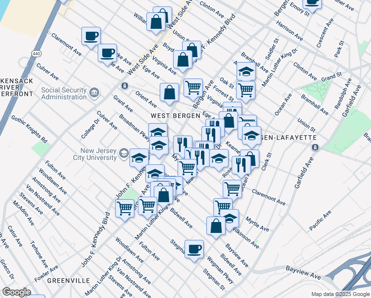 map of restaurants, bars, coffee shops, grocery stores, and more near 114 Grant Avenue in Jersey City