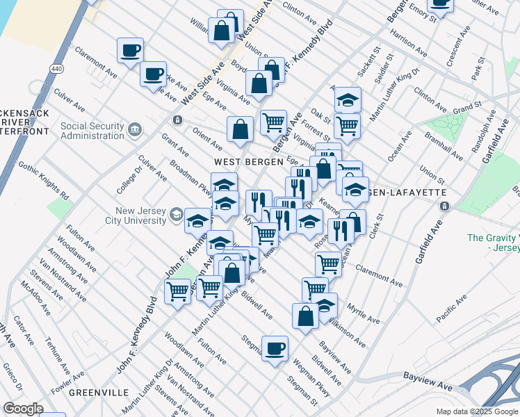 map of restaurants, bars, coffee shops, grocery stores, and more near 114 Grant Avenue in Jersey City