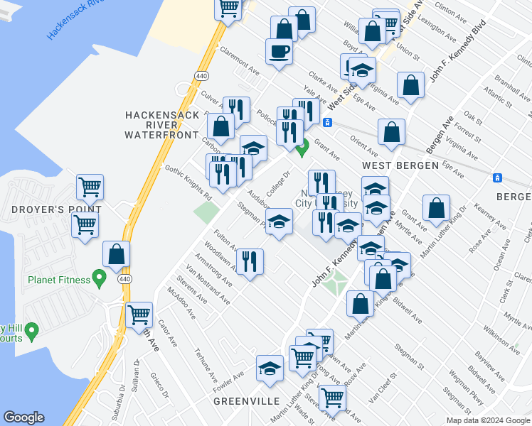 map of restaurants, bars, coffee shops, grocery stores, and more near 356 Stegman Parkway in Jersey City