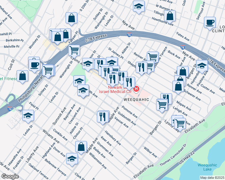 map of restaurants, bars, coffee shops, grocery stores, and more near 228 Weequahic Avenue in Newark