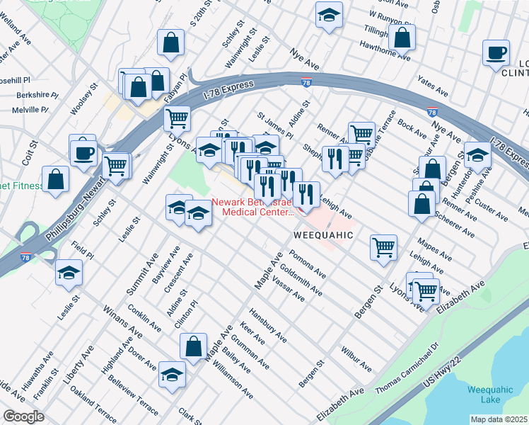 map of restaurants, bars, coffee shops, grocery stores, and more near 228 Weequahic Avenue in Newark