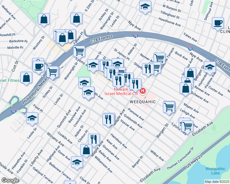 map of restaurants, bars, coffee shops, grocery stores, and more near 241 Pomona Avenue in Newark