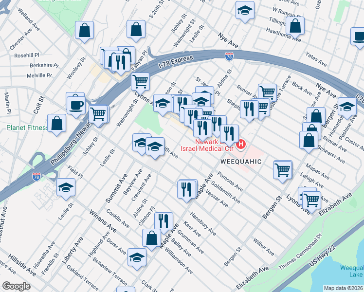 map of restaurants, bars, coffee shops, grocery stores, and more near 241 Pomona Avenue in Newark
