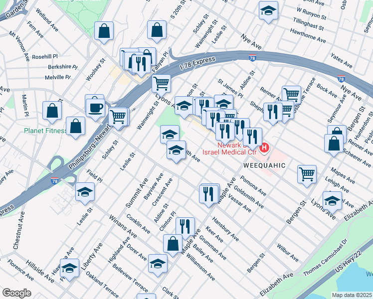 map of restaurants, bars, coffee shops, grocery stores, and more near 279 Goldsmith Avenue in Newark