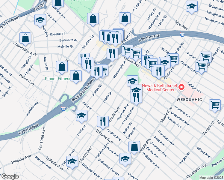 map of restaurants, bars, coffee shops, grocery stores, and more near 364 Chancellor Avenue in Newark
