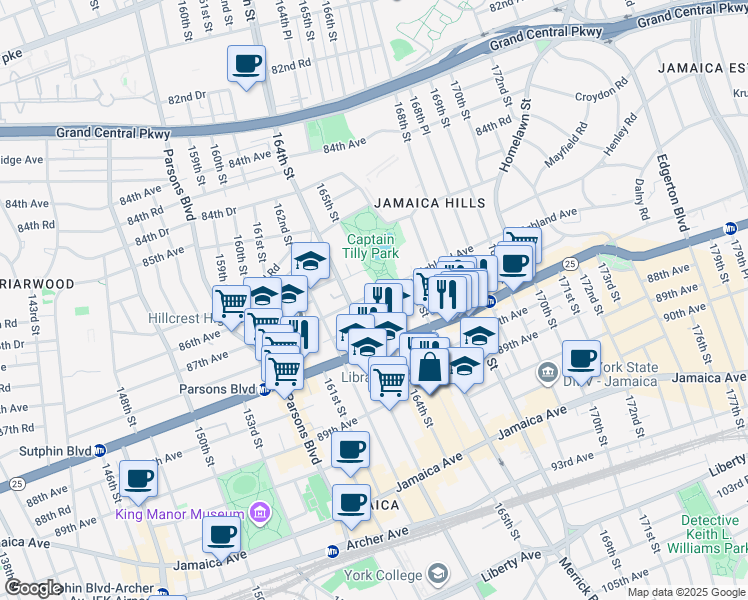 map of restaurants, bars, coffee shops, grocery stores, and more near 87-26 165th Street in Queens