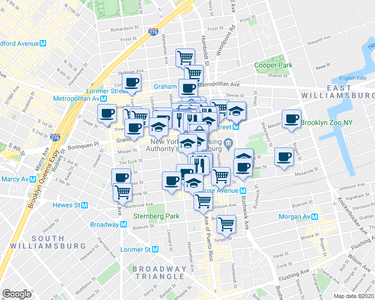 map of restaurants, bars, coffee shops, grocery stores, and more near 229 Graham Avenue in Brooklyn