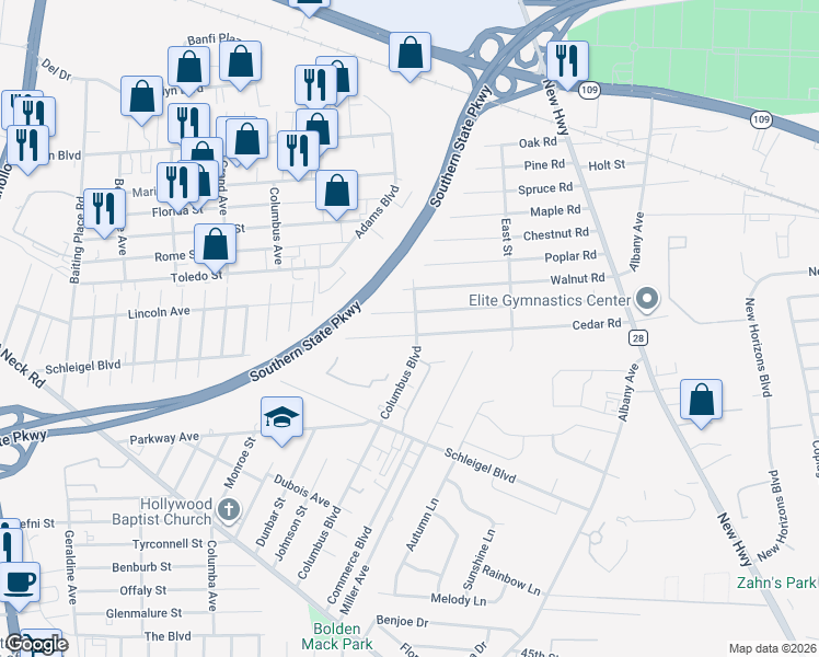 map of restaurants, bars, coffee shops, grocery stores, and more near 96 Cedar Road in Amityville