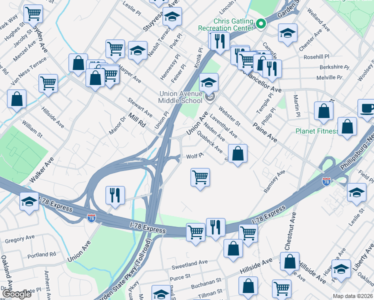 map of restaurants, bars, coffee shops, grocery stores, and more near 78 Wolf Place in Hillside