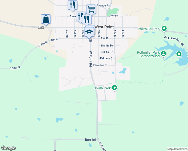 map of restaurants, bars, coffee shops, grocery stores, and more near 1666-1674 West Point Road in West Point