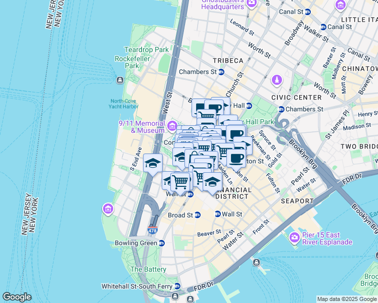 map of restaurants, bars, coffee shops, grocery stores, and more near 150 Greenwich Street in New York