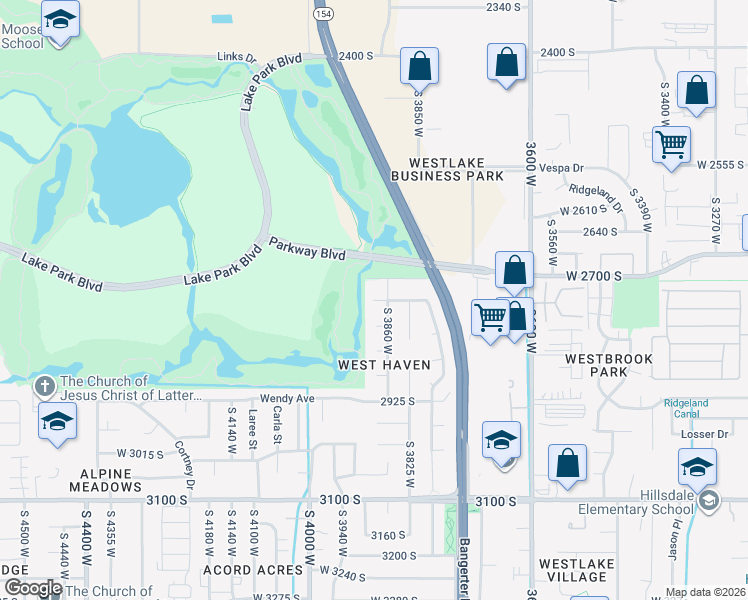 map of restaurants, bars, coffee shops, grocery stores, and more near 3898 Bentoak Drive in West Valley City