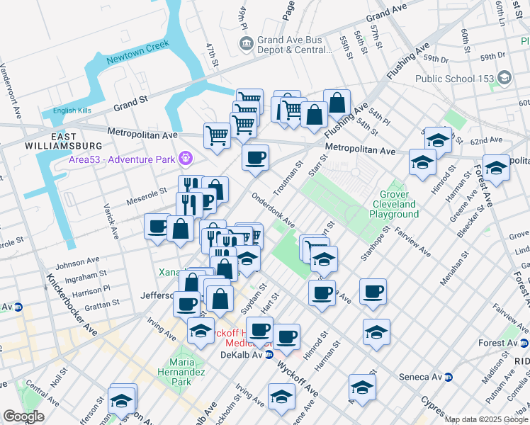 map of restaurants, bars, coffee shops, grocery stores, and more near in Queens