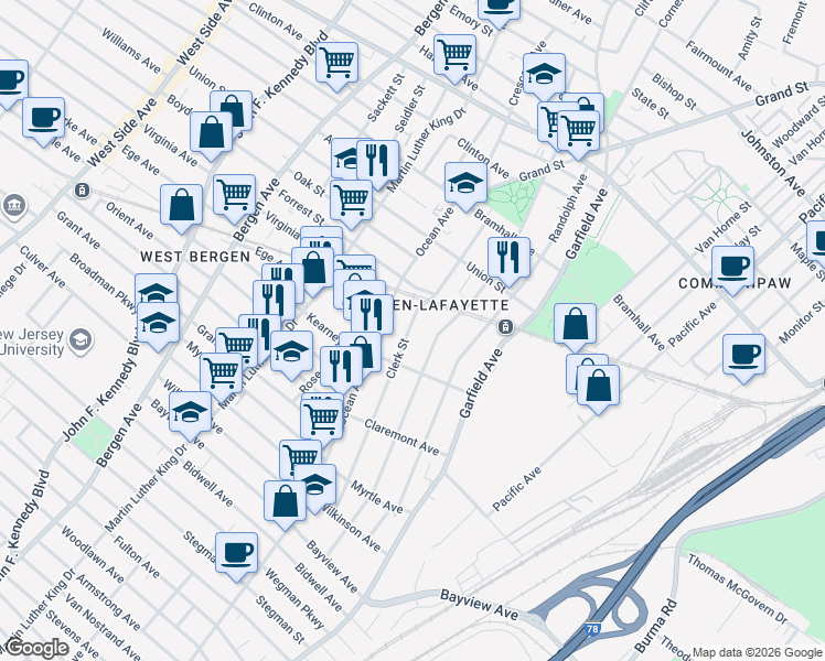 map of restaurants, bars, coffee shops, grocery stores, and more near 190 Clerk Street in Jersey City