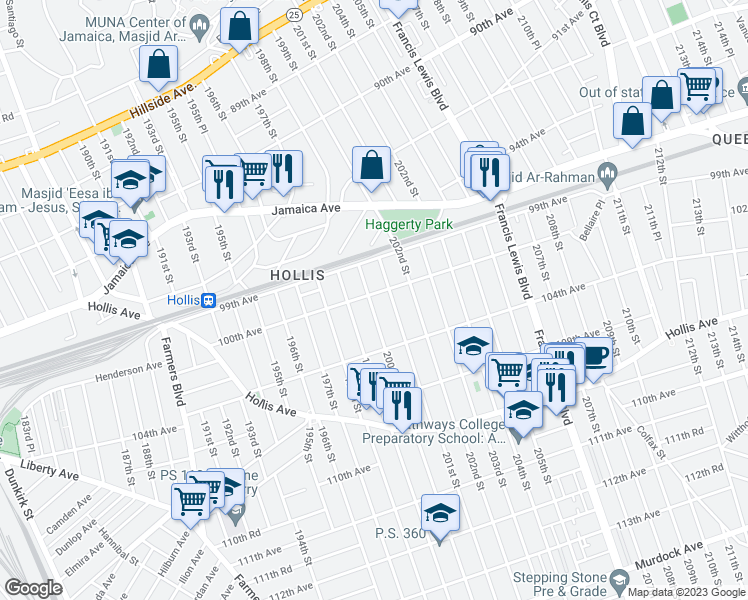 map of restaurants, bars, coffee shops, grocery stores, and more near 200-02 100th Avenue in Queens