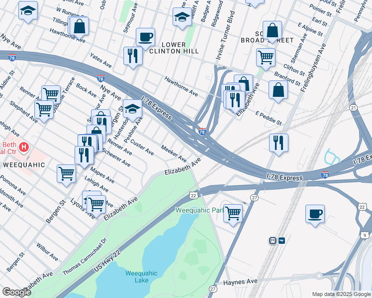 map of restaurants, bars, coffee shops, grocery stores, and more near 304 Hillside Avenue in Newark