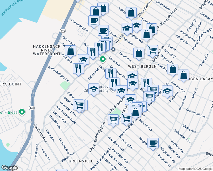 map of restaurants, bars, coffee shops, grocery stores, and more near 38 College Street in Jersey City