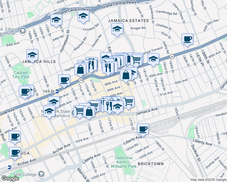 map of restaurants, bars, coffee shops, grocery stores, and more near 89-21 175th Street in Queens