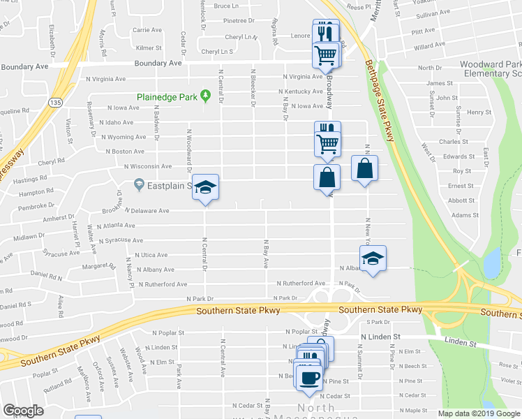 map of restaurants, bars, coffee shops, grocery stores, and more near 247 North Delaware Avenue in Massapequa