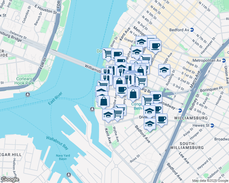 map of restaurants, bars, coffee shops, grocery stores, and more near 60 Broadway in Brooklyn