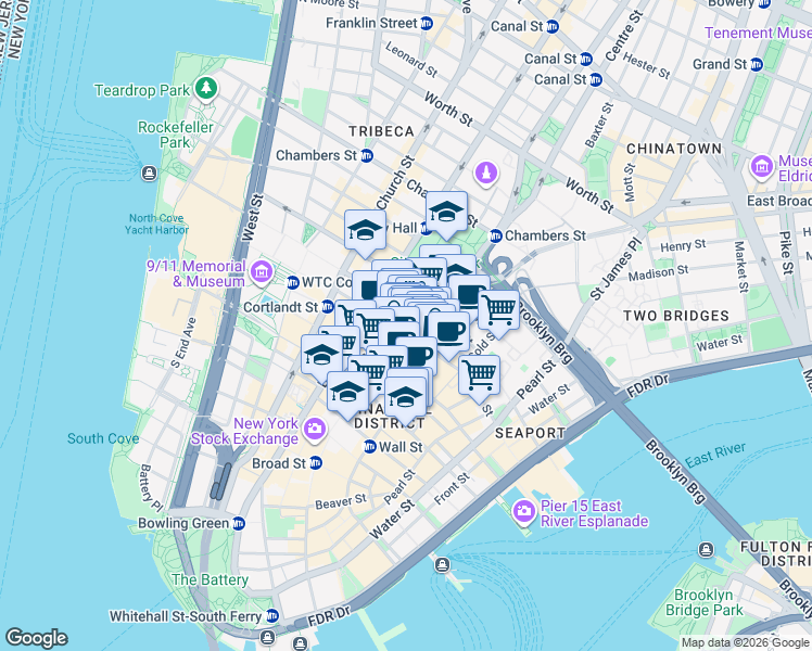 map of restaurants, bars, coffee shops, grocery stores, and more near 93 Nassau Street in New York