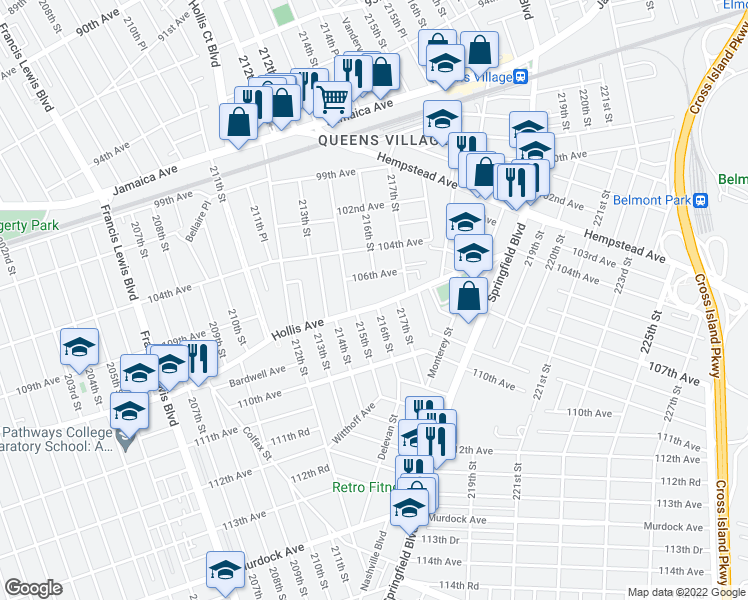 map of restaurants, bars, coffee shops, grocery stores, and more near 21527 Hollis Avenue in Queens