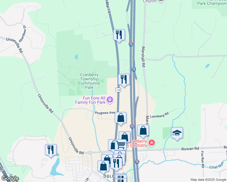 map of restaurants, bars, coffee shops, grocery stores, and more near 20701 U.S. 19 in Cranberry Township