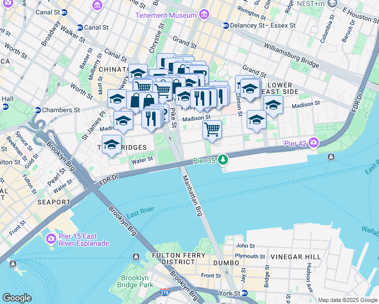 map of restaurants, bars, coffee shops, grocery stores, and more near 250 South Street in New York