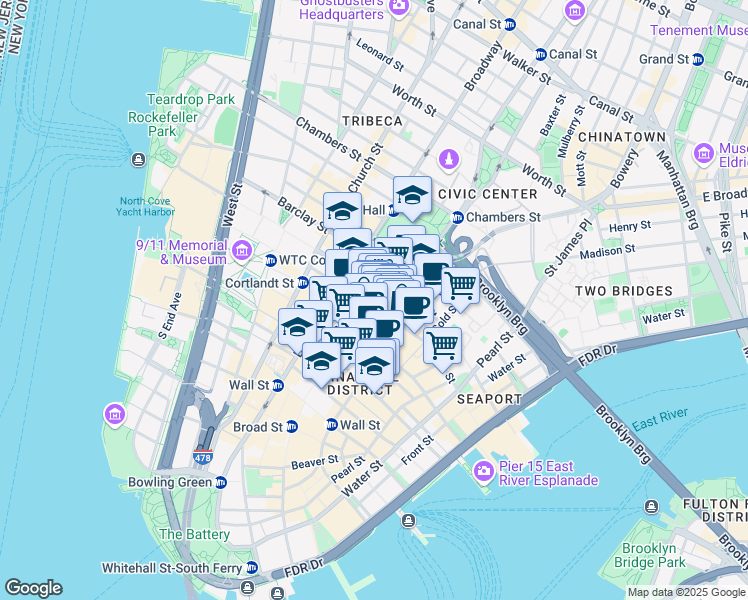 map of restaurants, bars, coffee shops, grocery stores, and more near 93 Nassau Street in New York
