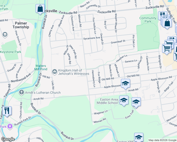map of restaurants, bars, coffee shops, grocery stores, and more near 1409 Mitman Road in Easton