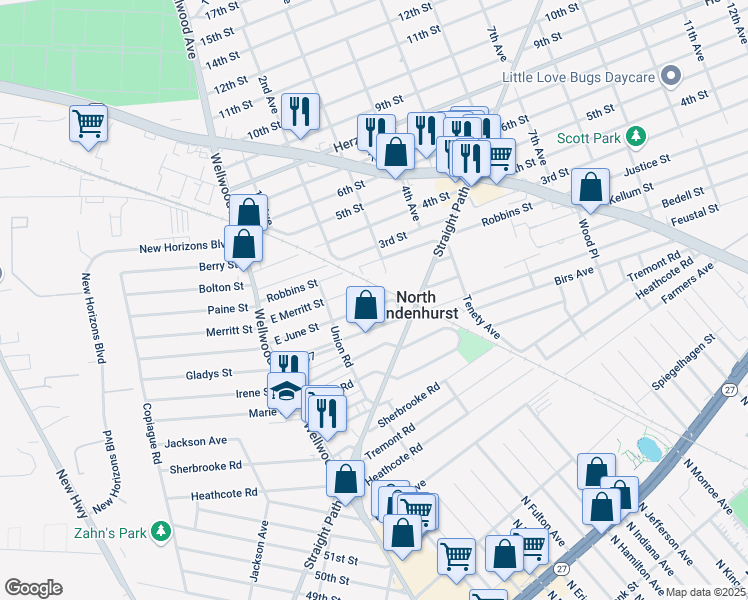 map of restaurants, bars, coffee shops, grocery stores, and more near 56 East June Street in Lindenhurst