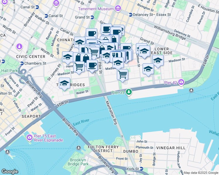 map of restaurants, bars, coffee shops, grocery stores, and more near 250 South Street in New York