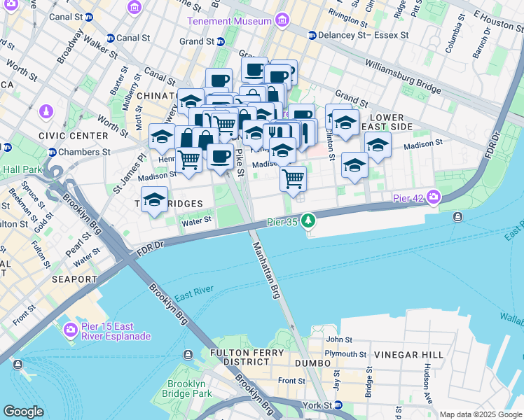 map of restaurants, bars, coffee shops, grocery stores, and more near 253 South Street in New York
