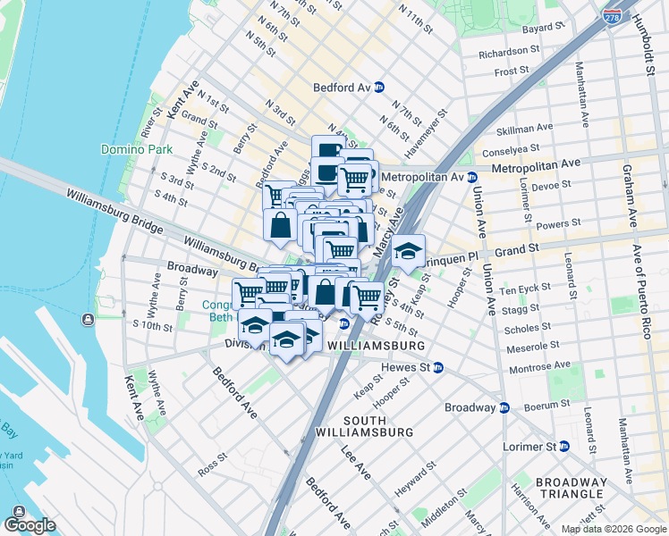 map of restaurants, bars, coffee shops, grocery stores, and more near 192 Havemeyer Street in Brooklyn